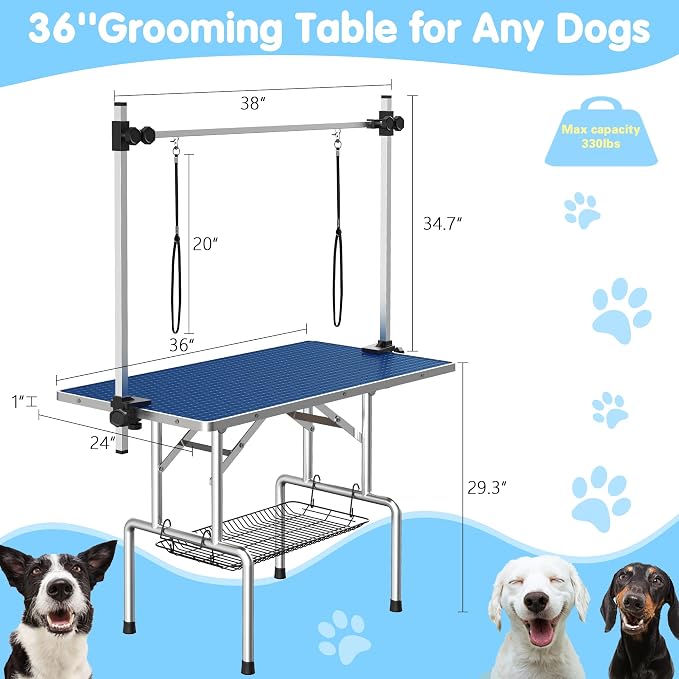 36'' Foldable Dog Grooming Table with Arms/Nooses/Mesh Tray, Blue | Stainless Steel Grooming Table for Dogs at Home, Adjustable Pet Bathing Station, Non-Slip Waterproof Tabletop, Capacity 330Lb