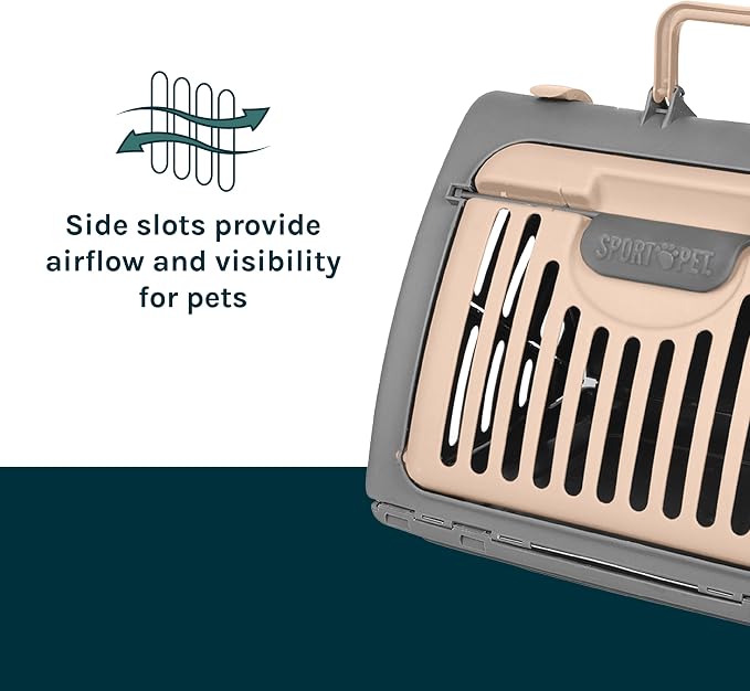 SportPet LARGE Hard-Sided Travel Cat Carrier - Cat Carrier with Patented Wide Side-Opening Door, Foldable Portable Pet Carrier with Removable Bed for Cats & Small Pets up to 25lbs - Gray/Tan