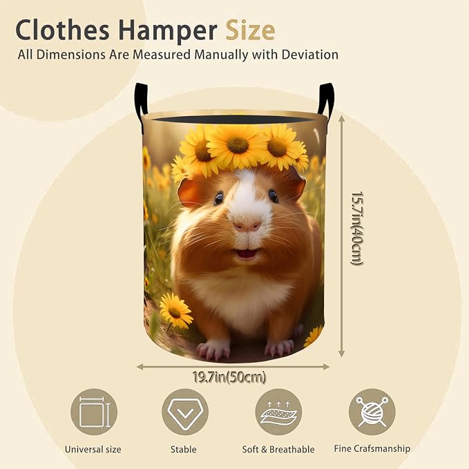 Sunflower Guinea Pig Laundry Basket Hamper for Boys Girls Kids Adults, Foldable Waterproof Oxford Clothes Storage Bin, Pet Organizer for Bedroom Bathroom Room Decor 19.7"x15.8"