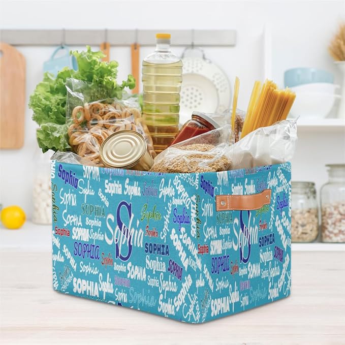 Custom Storage Baskets for Kids Name, Large Foldable Organizer Collapsible Storage Bin with Leather Handle for Home Toys Closet Nursery, Sea Blue Background