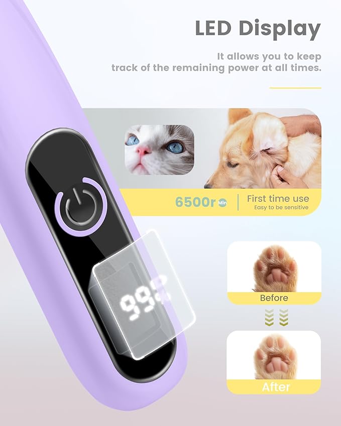 PAPMINI Dog Paw Trimmer with LED Display,35dB Ultra-Low Noise Dog Grooming Clippers,Cordless Paw Trimmers for Dog's Feet with LED Light,Type-C Rechargeable Cat Hair Trimmer for Paws, Ears, Face, Rump