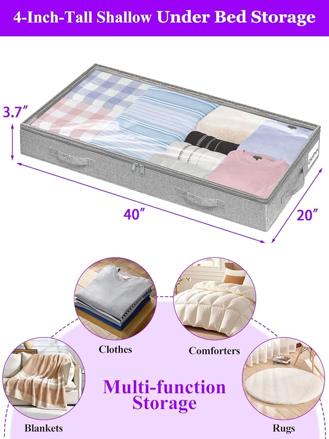 4-in Low Profile Under Bed Storage, No Structure, 2-Pack, Gray | 4" Ultra-Slim, Clear Lid, Reinfoced Handles & Smooth Zips, Dustproof & Waterproof, for Low Bed, Couch, Crib Storage