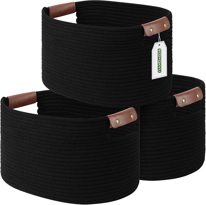 ECDYQXVU 15x10x9 Black Woven Cotton Rope Storage Basket Handles 3 Pack | Foldable Design, Leather Handles, Easy to Clean Organizer for Living Room, Closet, Shelves, Bedroom, Laundry, Clothes