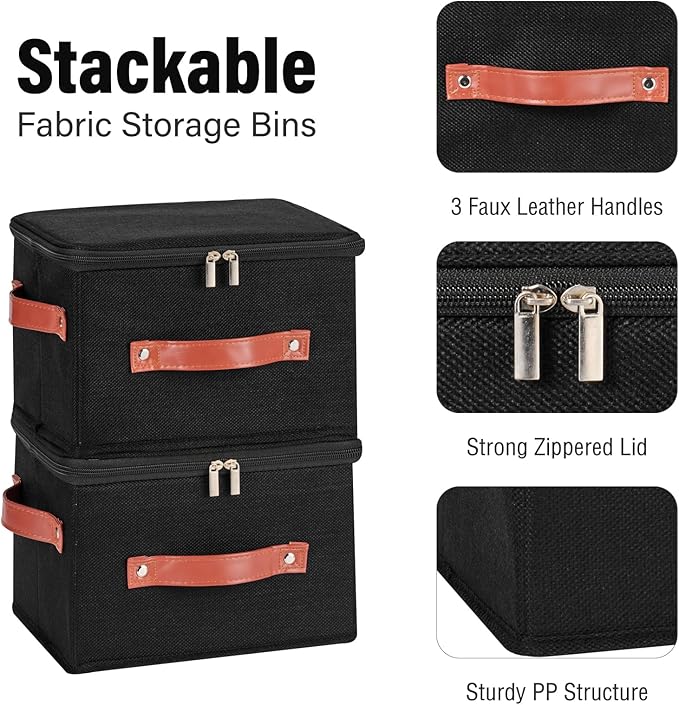 Storage Bin Box with Zippered Lid Decorative Collapsible Basket | Cotton Linen Fabric, Washable Foldable Stackable Clothes Container, Closet Shelf Organizer w/ PU Leather Handles, Black-Small