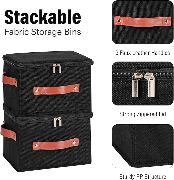 3PCS Storage Bins Boxes with Zippered Lid Decorative Baskets | Cotton Linen Fabric, Washable Foldable Stackable Clothes Container, Closet Shelf Organizer w/ PU Leather Handles, Black-Small