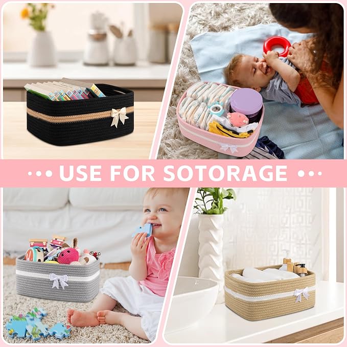 OIAHOMY Large Woven Storage Basket with Handles for Nursery Living Room Shelves, Bow Basket for Gifts Empty with Gift Bags and Ribbons for Baby Showers Pet Toy Bin - White