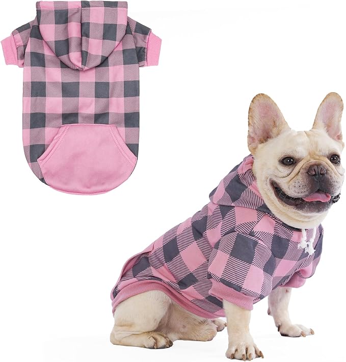 KOOLTAIL Plaid Dog Hoodie Pet Clothes Sweater with Hat and Pocket for Small Medium Large Size Dogs, Soft Winter Warm Pet Cold Weather Coat, Fleece Fall Dog Hooded Sweatshirt for Puppy Cats, PinkSM