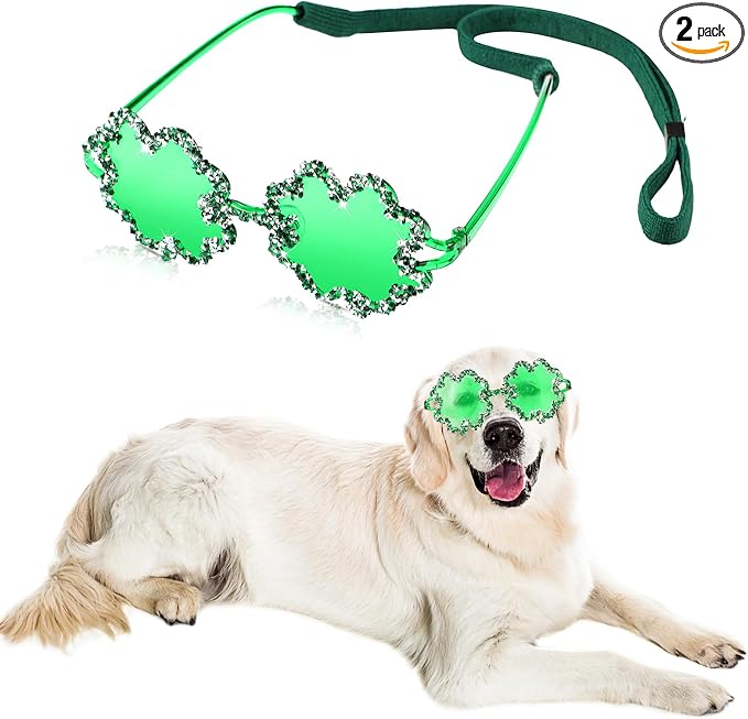 St. Patrick's Day Dog Sunglasses with Adjustable Strap, Green Shamrock Pet Glasses Accessory for Medium Large Dogs Cats, Irish Festival Parade Costume & Photo Prop(4 Leaf Clover)