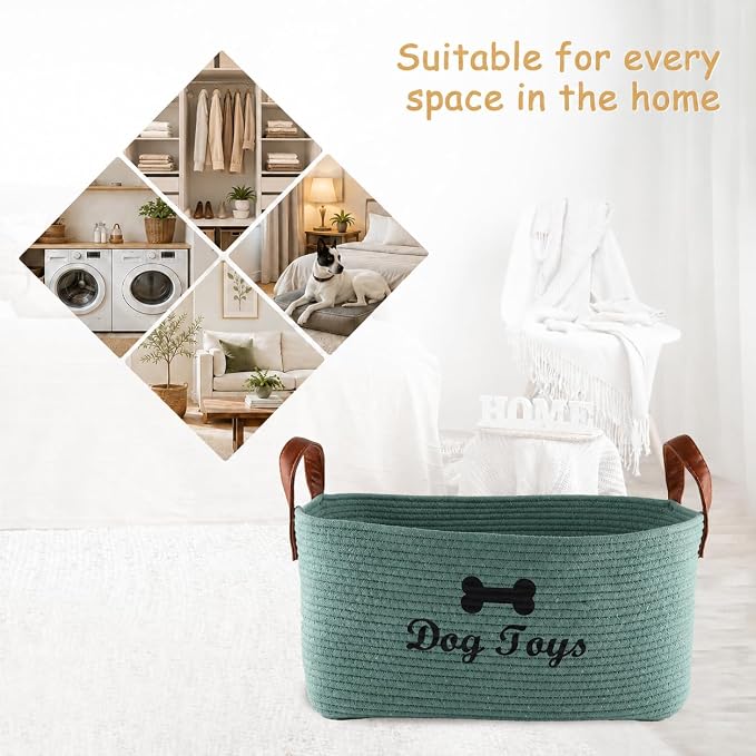 Large Dog Toy Basket, 100% Cotton Rope Dog Toy Storage Bin-Green | Dog Toy Box for Livingroom Area with Handle for organizing Pet toys,Blankets,Leashes,Pee Mats and Diapers-16.5"x10.6"x 7.5"