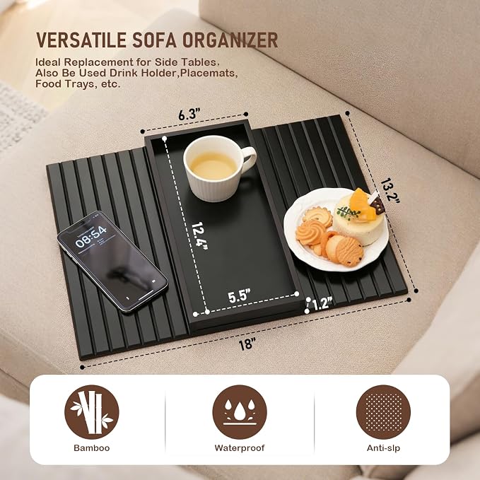 Bamboo Sofa Arm Tray Table, Foldable Couch Arm Tray Side Table, Anti-Falling Armrest Tables Cup Holder for Snacks, Couch Armrest Organizer, Serving Tray for Snacks and Drinks (Black)