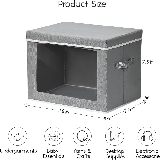 Storage Bins with Lids - Small Fabric Organizers with Window, Collapsible Storage Bins for Clothes, Decorative Closet Organizers for Towels, Tshirt, 4 Pack, Grey