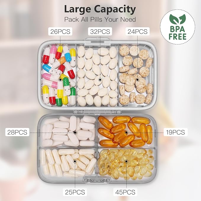 FYY Travel Pill Organizer, Large Weekly Medicine Pill Organizer-Grey | Airtight Moistureproof Medicine Case, Easy to Use, 8 Compartment Pill Box for Vitamins, Fish Oil, Supplements, Mini First Aid