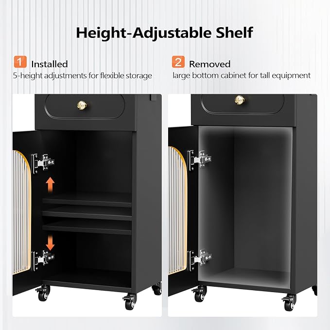 Salon Cart with Wheels & Adjustable Shelf, Black 3-Tier Rolling Beauty Trolley for Hair Stylist, Barber, Esthetician, Storage Cabinet w/Glass Door & Hair Dryer Holder, Mobile Station for Spa, Tattoo