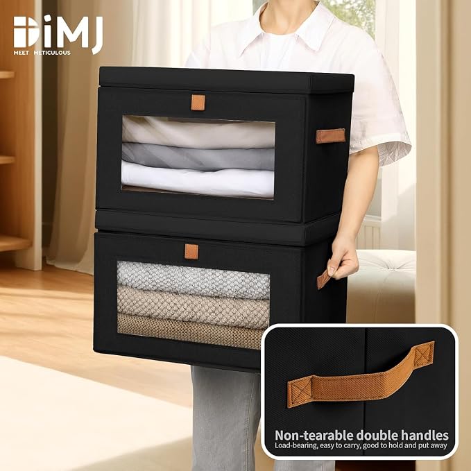 DIMJ Storage Bins with Lids - 8 Pack Large Fabric Closet Organizer with Window & Handles, Collapsible Decorative Storage Boxes for Shelves Under Bed, Books Clothes Blankets Sweaters Organization