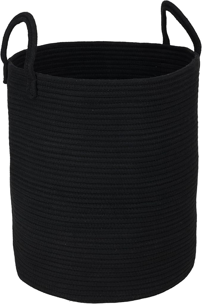 XUANGUO Black Cotton Rope Laundry Basket Hamper for Clothes Large | Baby Nursery Hamper Bin and Woven Storage Basket for Living Room Bedroom Boho Tall Rope Baskets Blankets Toys Pillows Towels