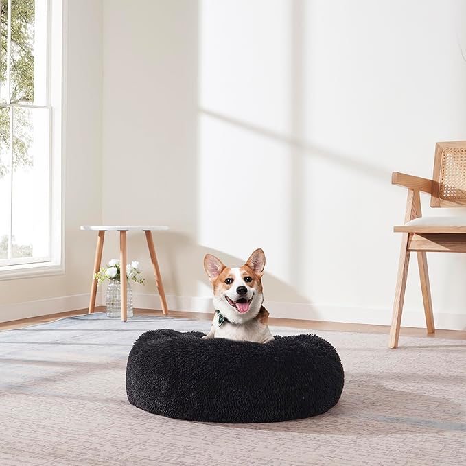 Sweet Home Collection Dog & Cat Bed: Round Faux Fur Pet Bed - Plush, Cozy, & Calming Donut Bed for Small Pets - Soft & Comfortable Sleeping Cushion for Napping & Lounging, 20" Round, Black