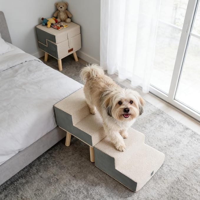 4-Step Ottoman Dog Stairs,2-in-1 Foldable Dog Ramp for Bed | for Small Dogs and Cats, High-Density Foam & Wood Support, Side Storage Pocket, Foldable, 170 lbs, Machine Washable, Grey