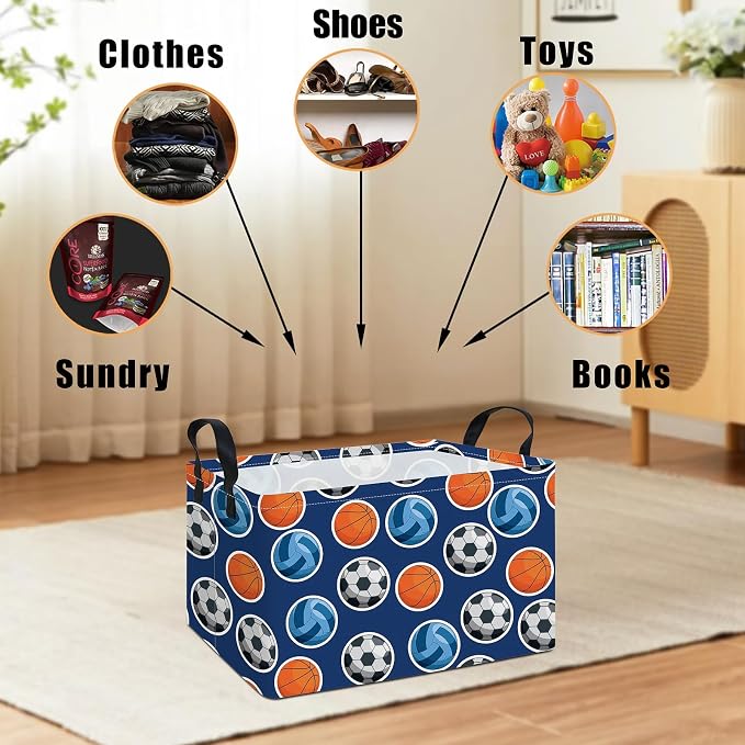 Rectangular Collapsible Storage Basket Nursery Toy Organizer Ball Sports | Storage Bin Foldable Canvas with Handles for Organizing Home Kitchen Children Toys Office Closet Shelf Baskets