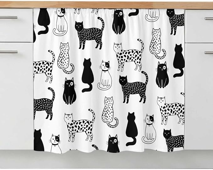Cat Animal Cabinet Curtain 28"Wx35"L,Dustproof Under Sink Skirt with Self Adhesive Tape,Black White Earthy Tone Pet Modern Minimalist Cabinet Curtain Cover for Bathroom Vanity,Kitchen Sink,Laundry
