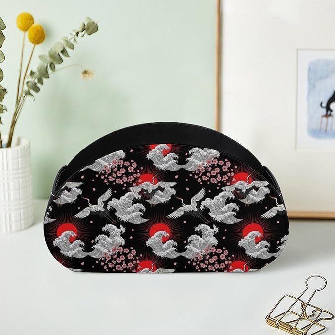 5 Compartment Remote Control Holder Ocean Cherry Floral Storage Caddy Box | Desktop Organizer, Vintage Crane Animal Red Sun Ocean Great Wave Anime Japanese Cherry Floral Blossom, for Media Player