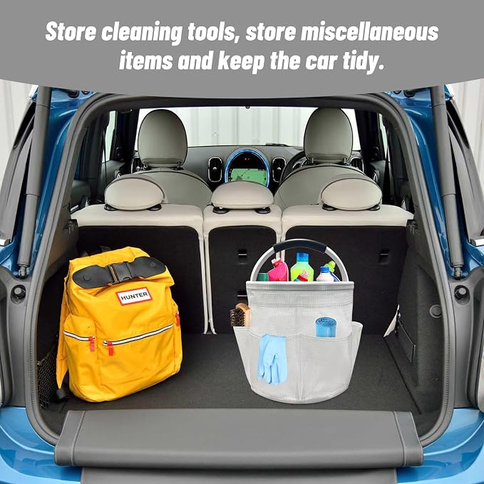 17L Cleaning Caddy with Handle, Foldable Cleaning Supply Caddy with 6 Pockets Cleaning Caddy Bag for Outdoor Camping Garden Harvest Basket Bathroom Storage (Clear)
