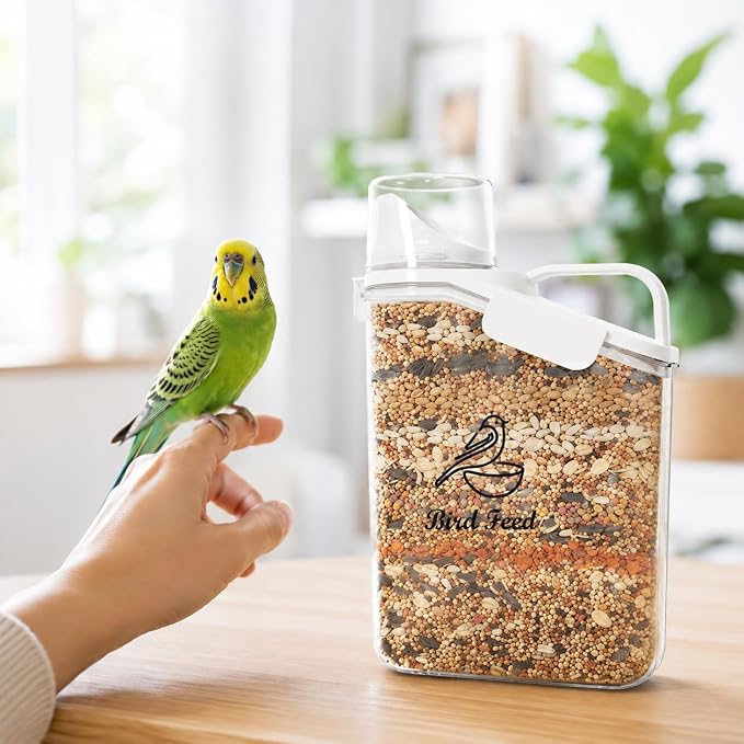 Bird Seed Storage Container,2.8L Airtight Bird Food Container with Handle and Measuring Cup,Portable Pet Food Container for Wild Bird Sunflower Seed-BPA Free Transparent/White