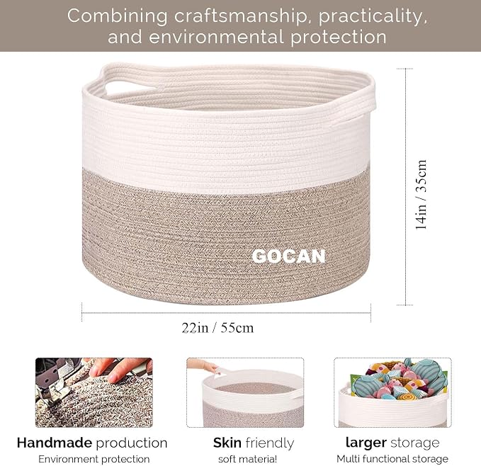 Cotton Rope Woven Laundry Basket 22"X 22"X 14" with handlesXXXL | Hand-woven, ideal for storing blankets and cushions in the living room, and clothes for household storage.(Brown/Beige)