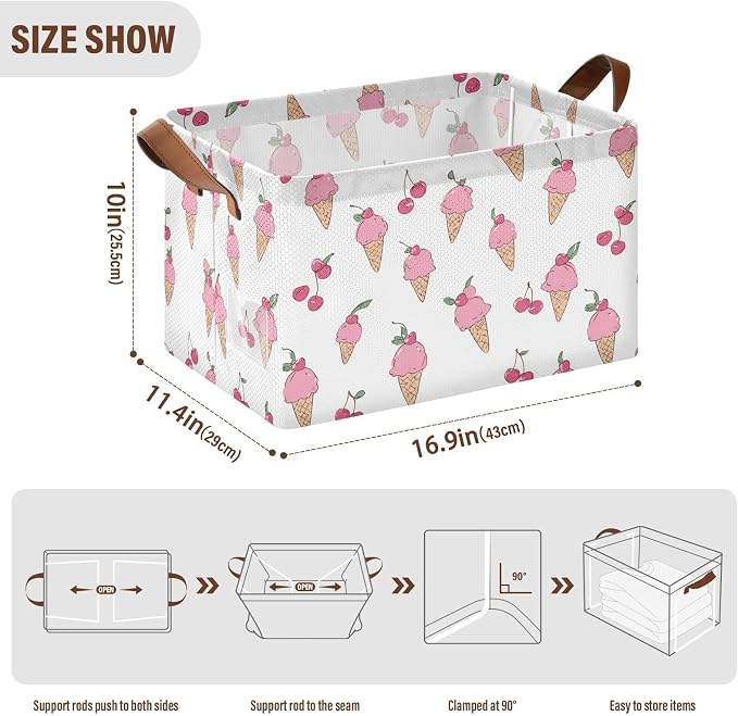 Pink Ice Cream Cone and Cherry Storage Basket Foldable Cube Storage Bins with Handles&Label Waterproof Organizer Box Bin Large Rectangle Decorative Baskets for Shelves Home Room Laundry-2 PC