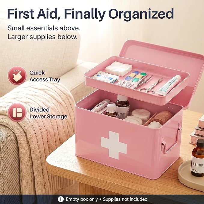 Flexzion Large Metal First Aid Box Empty, 13-Inch, Pink with White Cross | Vintage Medicine Box and First Aid Storage Organizer with Removable Tray and Dividers; Empty Box Only, Supplies Not Included