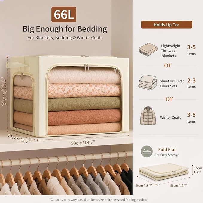 GoMaihe Clothes Storage Bins with Metal Frame for Blanket 3 Pack 66L Beige | Closet Top Shelf Linen Closet, Winter Clothing Bedding Comforters, 3 Side Access Stackable Collapse-Proof See Through Window