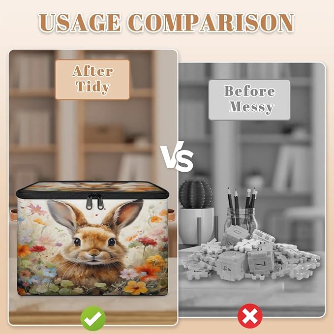 Pardick Storage Bin Easter Bunny Rabbit Storage Basket with Zipper Lid & Handle Foldable Storage Box Cube Bins Clothes Organizer for Closet, Bedroom