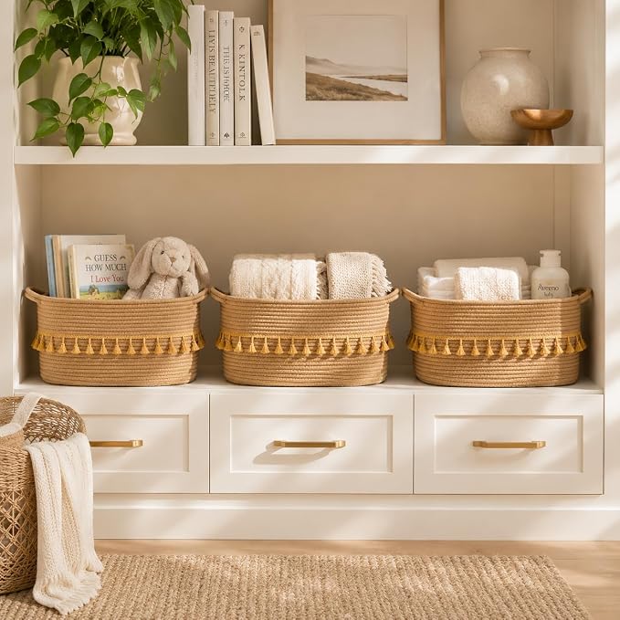 Storage Basket, Woven Baskets for Shelves, Brown Basket | 3 Pack Boho Cotton Rope Storage Baskets, 14" x 9" x 8", Home Organizer for Nursery, Holds Toys, Books & Towels