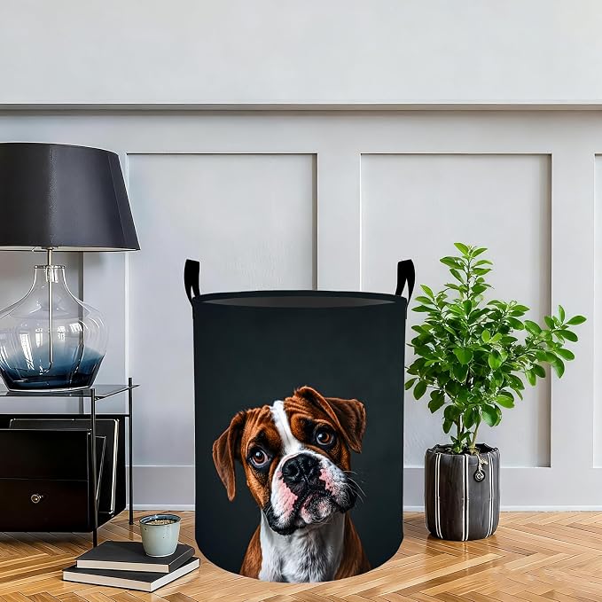 Boxer Dog Laundry Basket Hamper, Organizer Bins Gifts for Women Kids, Cute Pet Portrait Foldable Waterproof Clothes Hamper Handles Storage Bucket for Bedroom Bathroom Room Decor 19.7"x15.7"