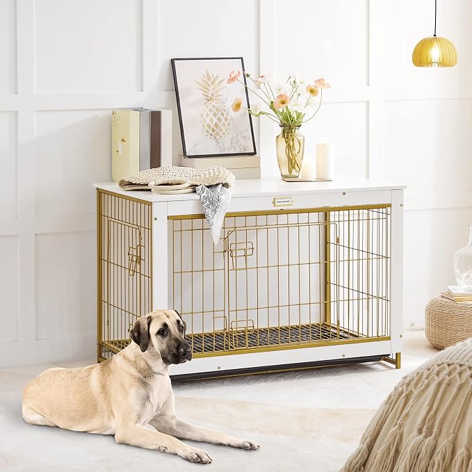 HOOBRO Dog Crate Furniture, 38.6" Large Dog Kennel Indoor, Wooden Cage with Pull-Out Tray, Double Doors Pet House Side End Table for Large/Medium/Small Dogs, White DW982GW03
