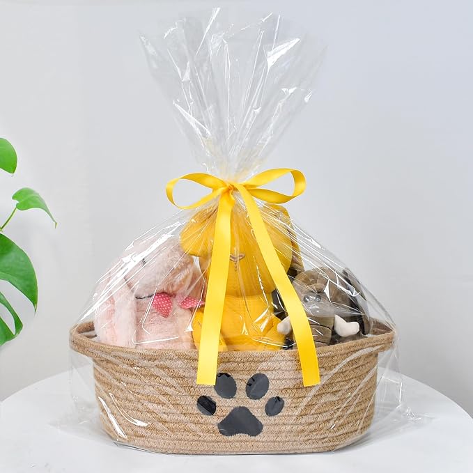 ABenkle Small Woven Basket with Handle, Cute Dog Baskets for Gifts Empty, Decorative Rope Woven Storage Dog Toy Basket, Nursery Baskets for Baby Shower, 12" x 8" x 5"