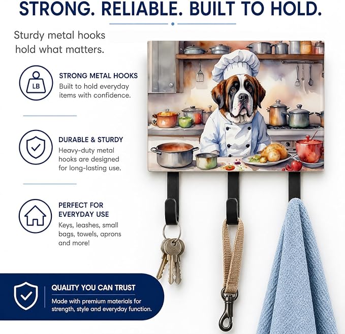 Caroline's Treasures Saint Bernard The Chef Leash or Key Holder Wall Hooks, Key Hooks Holder, Coat Rack Wall Mount, Coat Hooks, Hooks for Hanging Keys, Towels, Aprons, Leashes | Saint Bernard The Chef artwork on ceramic tile with three steel hooks for ...