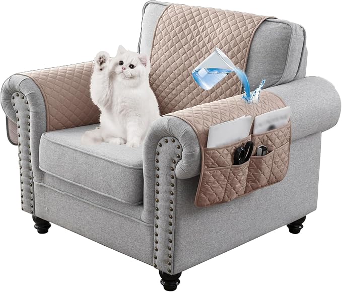 Water-Resistant Sofa Armrest and Headrest Covers with Side Pocket | Keep remotes close quilted polyester helps guard against wear, pet scratches, and kids' messes silicone backing adds grip