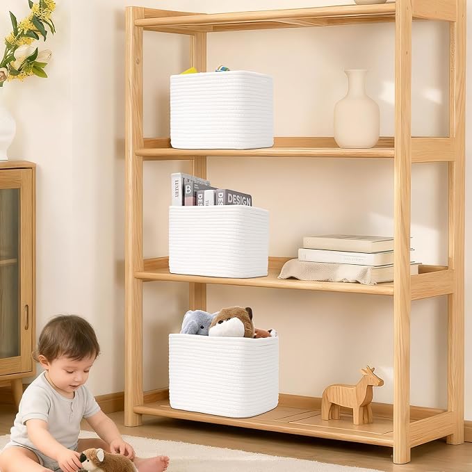 3 Pack Cube Storage Bin, 9”x9”x7” Cotton Rope Woven Baskets for Organizing Toys Clothes Towels, Square Gift Storage Baskets for Shelves, Nursery, Closet, Bathroom, Pantry (White)