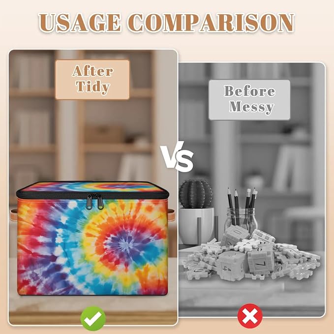 Pardick Storage Bin Rainbow Tie Dye Storage Baskets with Zipper Lid & Handle Foldable Closet Shelf Cloth Organizer Basket Cube Bins Clothes Organizer for Nursery, Bedroom