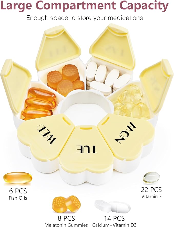 MOLN HYMY Large Weekly Pill Box 7 Day, Pill Case Organizer, Flower Pill Container Once Daily, Round Medicine Dispenser for Vitamin/Fish Oil/Medication/Supplement (Yellow)