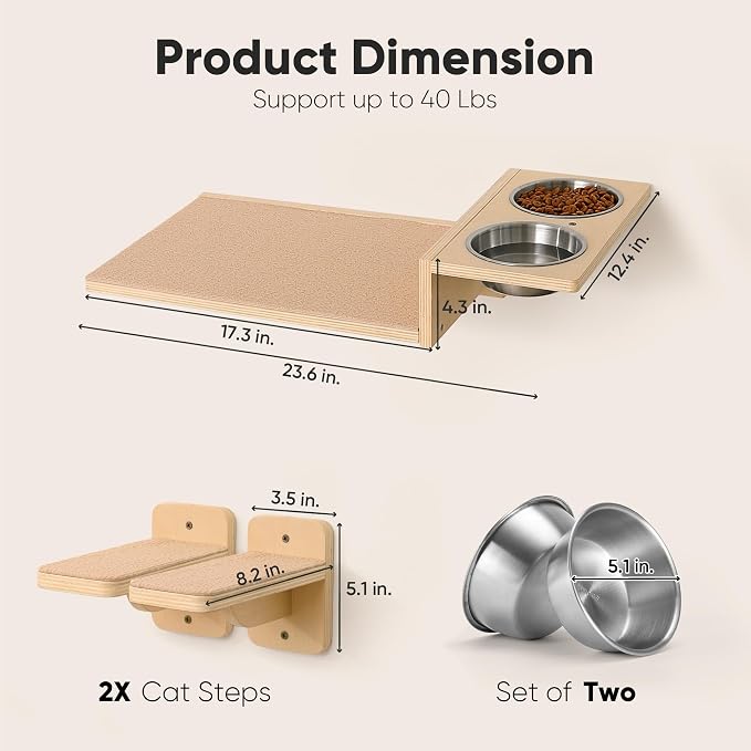 FUKUMARU Cat Wall Shelves, Food Station with 2 Steps | 3 in 1 Cats Walls Furniture Set, Birch Plywood Perch, Suitable for Kitten Play, Nap, Eat, DIY Wall Jungle Gym