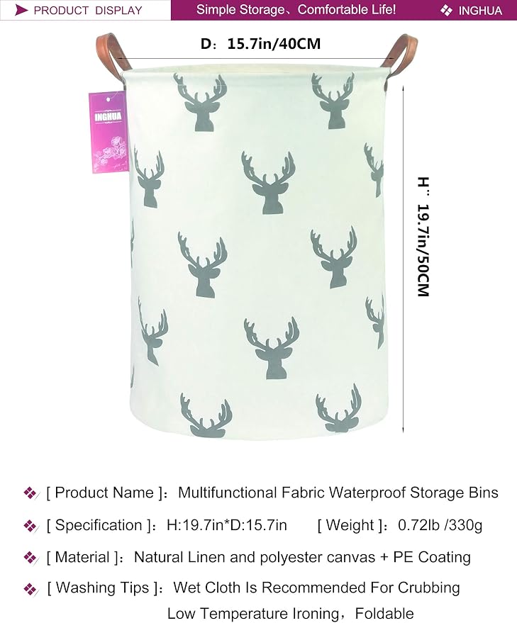 Laundry Hamper Large Canvas Fabric Storage Basket Grey deer | Organizer Bin Dirty Clothes Collapsible Waterproof for College Dorms, Boys and Girls Bedroom,Bathroom