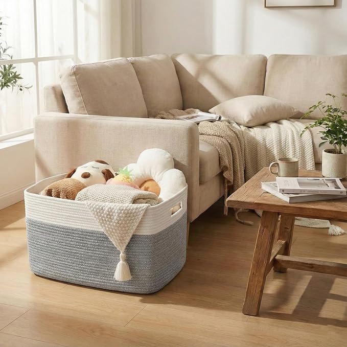 JMvicyroam 96L Large Woven Cotton Rope Blanket Basket, White&Grey | Blanket storage for living room or bedroom use, Freestanding with reinforced handles, Entire basket is machine washable