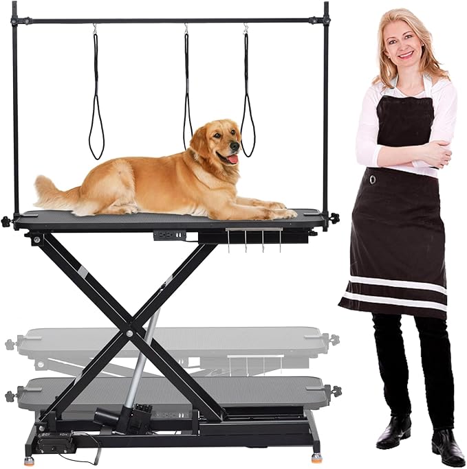 GarveeLife 47" Electric Lift Dog Grooming Table Black for Pets & Large Dogs | Heavy Duty, Adjustable Height: 9.4"-39.4", Non-Slip Desktop, Gantry Crane Set, Dog Grooming Arm