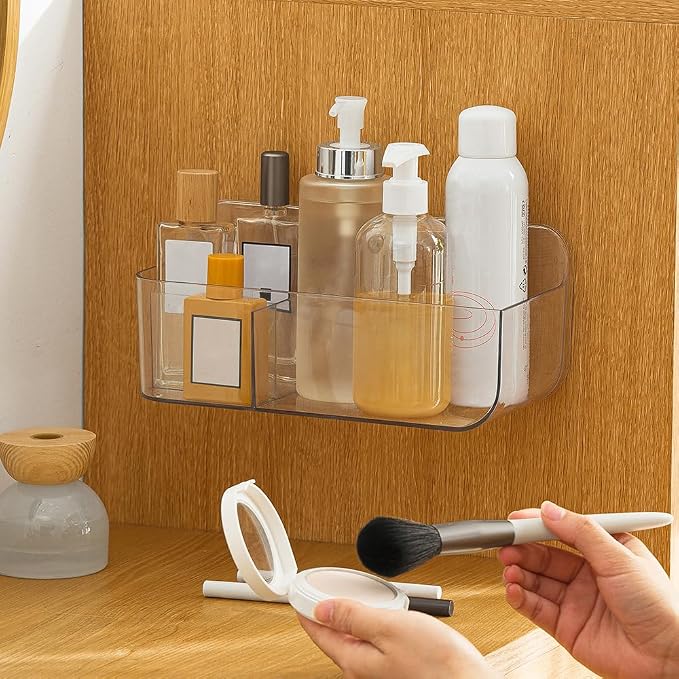 Poeland Wall Mount Storage Organizer, Clear Storage Box Holder Basket with 3 Compartments No Drilling Hang Walls/Doors for Kitchen, Cabinet, Bathroom, Bedroom, Office