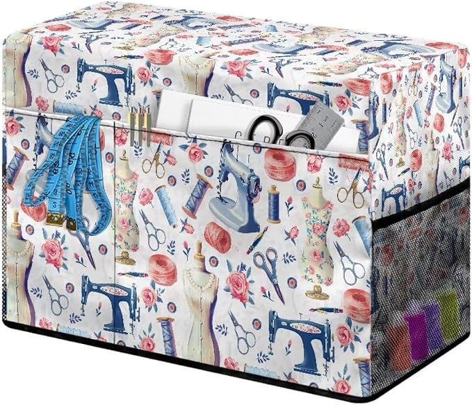 Sewing Themed Sewing Machine Cover with Storage Pockets,Dust & Pet Hair Protection,Fits Standard Singer, Brother and Janome Machines, Protecting & Decorating Your Sewing Space (White)