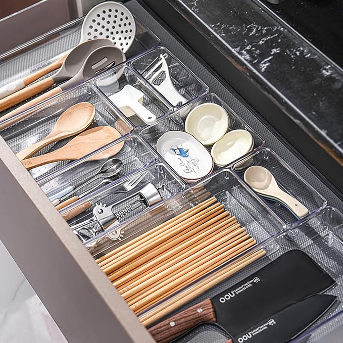 Voova Clear Plastic Drawer Organizer Trays, 6 Pack | Three tray sizes create custom storage for kitchen utensils, cosmetics, office supplies, bathroom items and more