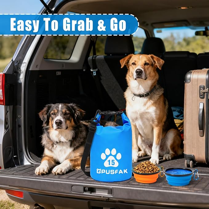 Pet Food Storage Bag with Bowl (96 Cup) - Zip Roll Top Dog Food Travel Bag Waterproof Kibble Container for Camping Road Trips Travel Dog Boarding Weekend Getaways Machine Washable 15L Blue