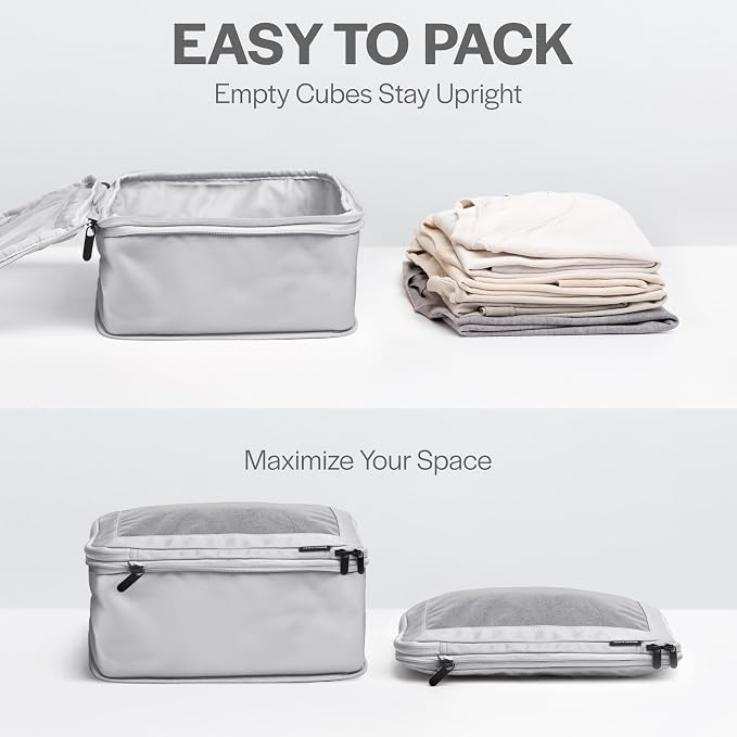 Compression Packing Cubes for Travel, 2-Pack, Light Grey | Solves overpacking, 2-Piece set fits most carry-ons, 50% Space savings, Compression luggage organizer bags