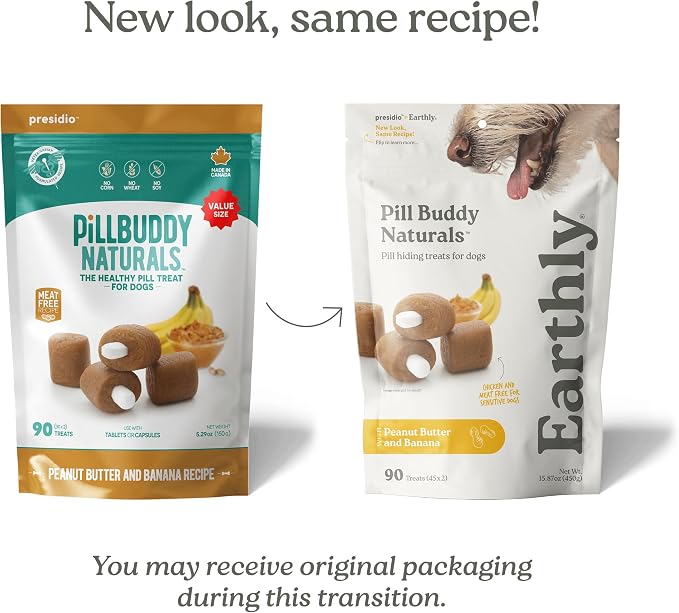 Presidio Earthly Pill Buddy Naturals - PB & Banana Recipe Pill Hiding Treats for Dogs - Make A Perfect Pill Concealing Pocket Or Pouch for Any Size Medication - 90 Servings